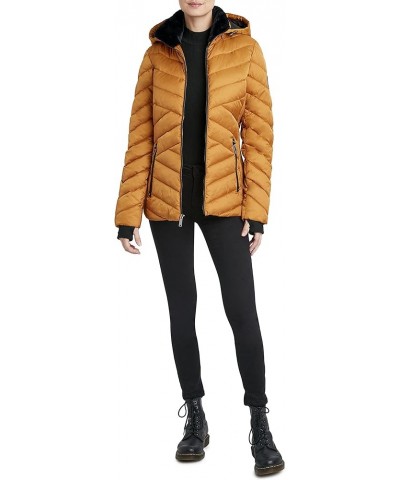 Women's Short Puffer Jacket with Faux Fur Trimmed Hood, Water Resistant Mustard $32.39 Jackets