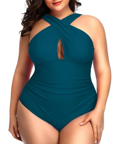 Womens Front Cross Plus Size One Piece Swimsuits Tummy Control Keyhole Bathing Suits Swimwear Blue-green $11.36 Swimsuits