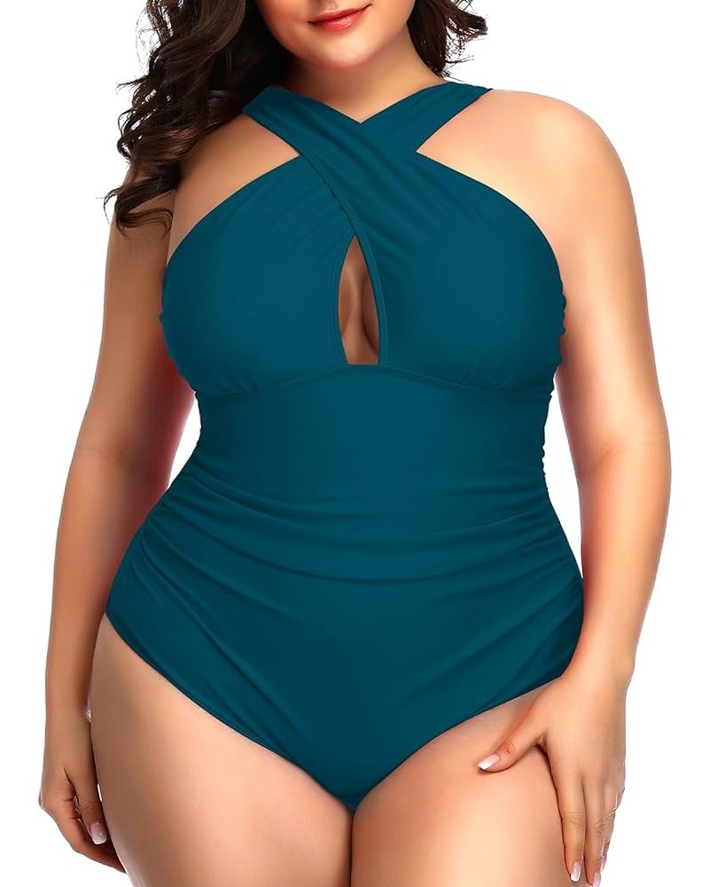 Womens Front Cross Plus Size One Piece Swimsuits Tummy Control Keyhole Bathing Suits Swimwear Blue-green $11.36 Swimsuits