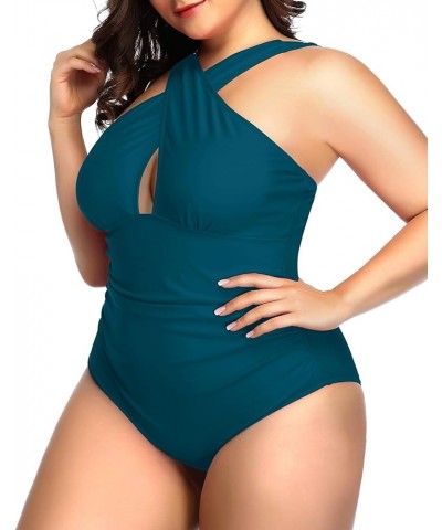 Womens Front Cross Plus Size One Piece Swimsuits Tummy Control Keyhole Bathing Suits Swimwear Blue-green $11.36 Swimsuits