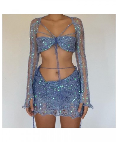 Womens Sweater Sets 2 Piece Outfits With Shimmering Sequins Sexy Distressed Cutouts And Rope Tie Short Skirt Sequin1-blue $18...