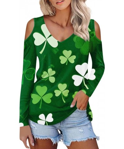 St Patricks Day Shirt Women 2024 Irish Shamrock Lucky Tops Long Sleeve V Neck Cold Shoulder Dressy Tunic Blouses A-dark Green...