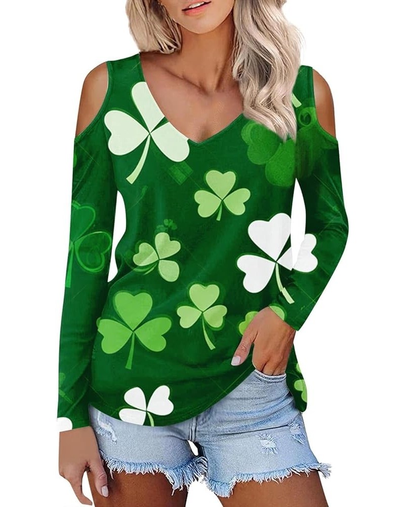 St Patricks Day Shirt Women 2024 Irish Shamrock Lucky Tops Long Sleeve V Neck Cold Shoulder Dressy Tunic Blouses A-dark Green...