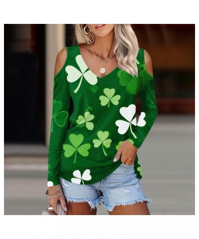 St Patricks Day Shirt Women 2024 Irish Shamrock Lucky Tops Long Sleeve V Neck Cold Shoulder Dressy Tunic Blouses A-dark Green...