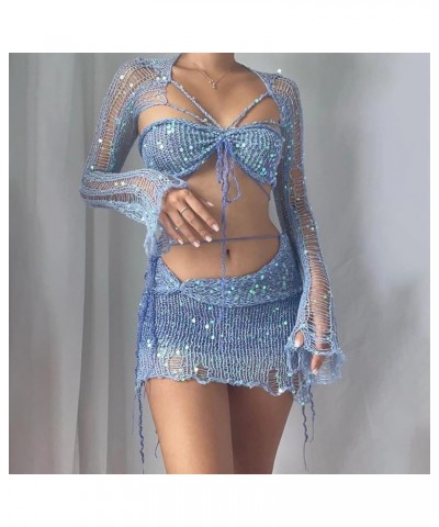 Womens Sweater Sets 2 Piece Outfits With Shimmering Sequins Sexy Distressed Cutouts And Rope Tie Short Skirt Sequin1-blue $18...