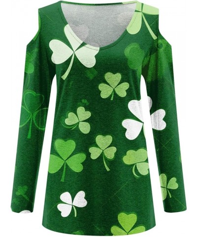 St Patricks Day Shirt Women 2024 Irish Shamrock Lucky Tops Long Sleeve V Neck Cold Shoulder Dressy Tunic Blouses A-dark Green...