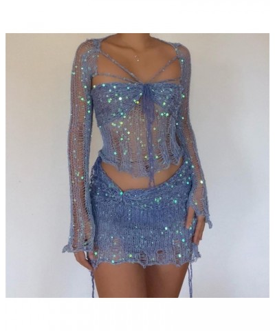 Womens Sweater Sets 2 Piece Outfits With Shimmering Sequins Sexy Distressed Cutouts And Rope Tie Short Skirt Sequin1-blue $18...