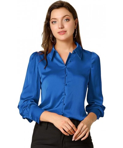 Women's Satin Blouse Puff Sleeve Point Collar Spring Vintage Button Down Shirt Tops Royal Blue $19.43 Blouses