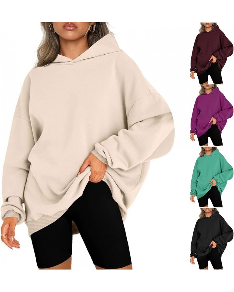 Womens Oversized Hoodies Pullover Long Sleeve Solid Color Shirt Basic Hooded Sweatshirts Fall Fleece Women's Tops 01 Beige -O...