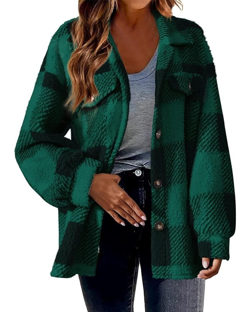 Womens Fuzzy Fur Plaid Jacket Warm Winter Coats Fleece Button Down Peacoat Flannel Shacket Jacket Sherpa Hoodie Plus 01-green...