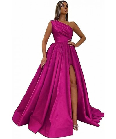 One Shoulder Prom Dresses Long Slit Satin A Line Evening Formal Gowns for Women Fuchsia $40.27 Dresses