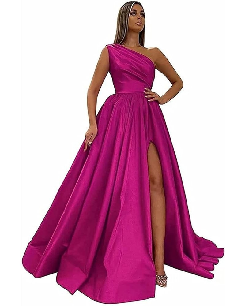 One Shoulder Prom Dresses Long Slit Satin A Line Evening Formal Gowns for Women Fuchsia $40.27 Dresses