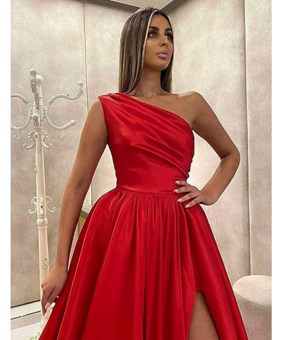 One Shoulder Prom Dresses Long Slit Satin A Line Evening Formal Gowns for Women Fuchsia $40.27 Dresses