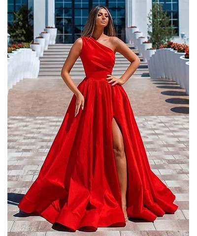 One Shoulder Prom Dresses Long Slit Satin A Line Evening Formal Gowns for Women Fuchsia $40.27 Dresses