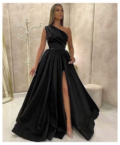 One Shoulder Prom Dresses Long Slit Satin A Line Evening Formal Gowns for Women Fuchsia $40.27 Dresses