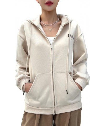 Women's Casual Letter Print Zip Up Pocket Long Sleeve Drawstring Hoodie thermal Hooded Sweatshirt Jacket Apricot $21.83 Hoodi...