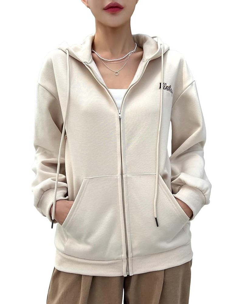 Women's Casual Letter Print Zip Up Pocket Long Sleeve Drawstring Hoodie thermal Hooded Sweatshirt Jacket Apricot $21.83 Hoodi...