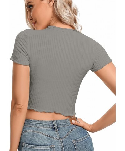 Women's Lettuce Trim Ribbed Knit Short Sleeve Crop Top Slim Fitted T-Shirt Tee Gray $13.91 T-Shirts