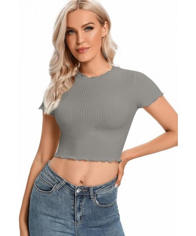 Women's Lettuce Trim Ribbed Knit Short Sleeve Crop Top Slim Fitted T-Shirt Tee Gray $13.91 T-Shirts