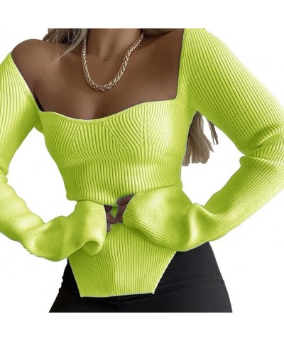 Women's Basic Ribbed Knit Square Neck Crop Top Slim Fitted Sweater Long Sleeve Pullover Solid Color Pullover top Fruit Green ...