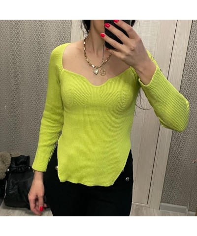 Women's Basic Ribbed Knit Square Neck Crop Top Slim Fitted Sweater Long Sleeve Pullover Solid Color Pullover top Fruit Green ...