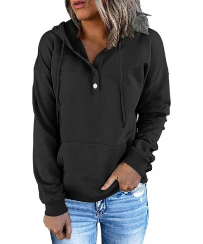 Womens Hooded Button Collar Drawstring Hoodies Casual Long Sleeve Sweatshirts Fall Pullover Clothes Black $11.60 Hoodies & Sw...