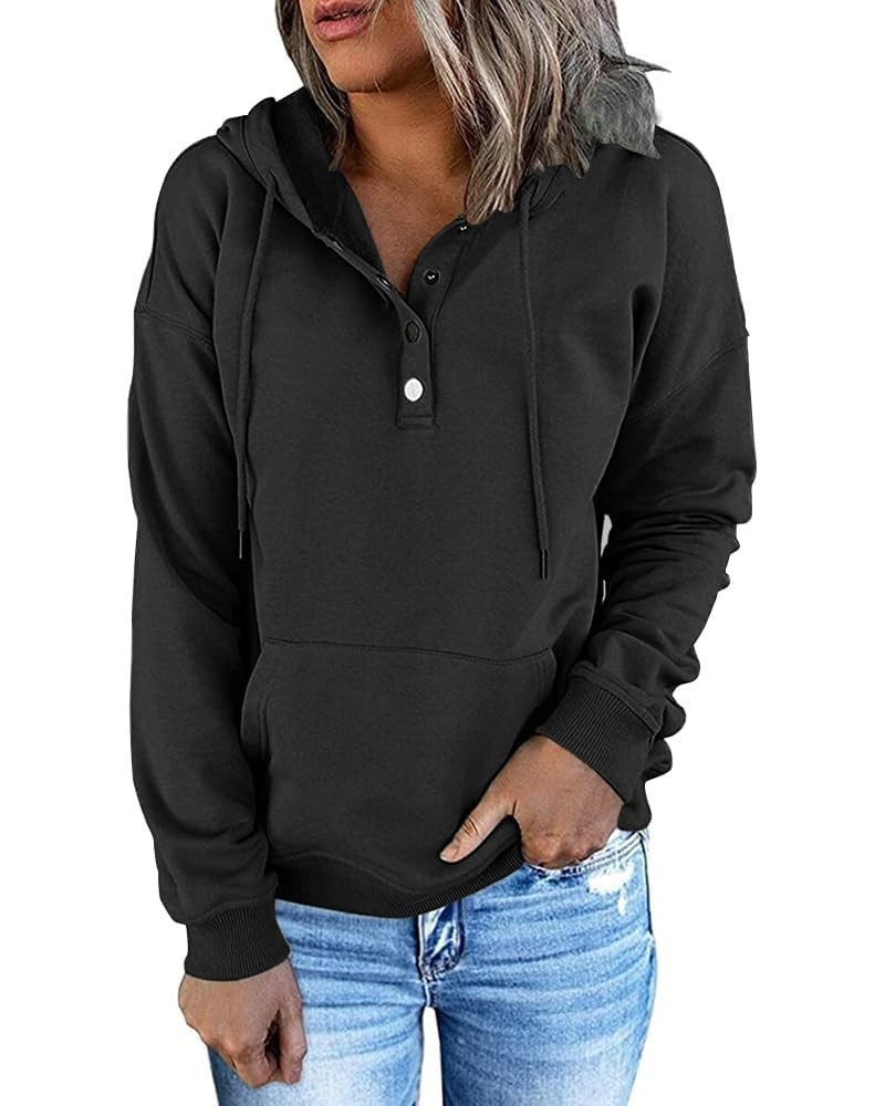 Womens Hooded Button Collar Drawstring Hoodies Casual Long Sleeve Sweatshirts Fall Pullover Clothes Black $11.60 Hoodies & Sw...