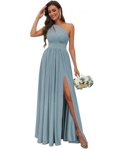 One Shoulder Bridesmaid Dresses with Slit Long A-line Pleated Chiffon Formal Party Dresses YO037 Dusty Blue $23.10 Dresses