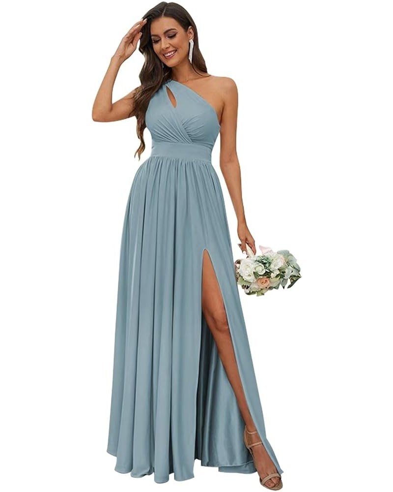 One Shoulder Bridesmaid Dresses with Slit Long A-line Pleated Chiffon Formal Party Dresses YO037 Dusty Blue $23.10 Dresses