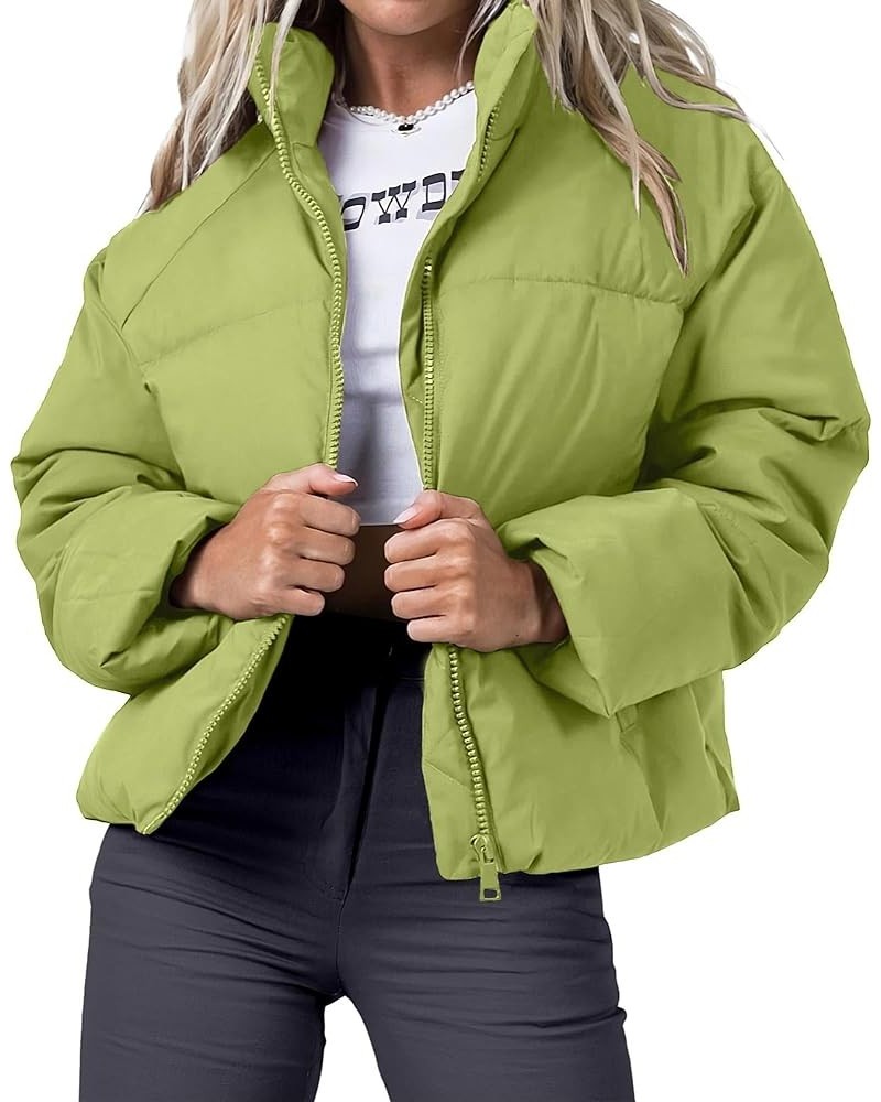 Women's Winter Cropped Puffer Jacket 2023 Long Sleeve Lightweight Zip Short Jacket Coat with Pockets Light Green $27.53 Jackets