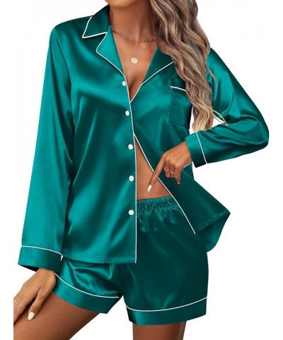 Silk Pajamas Womens Long Sleeve Sleepwear Soft Satin Button Down Loungewear 2 Piece Pjs Shorts Set S-XXL Blue Green $19.79 Li...