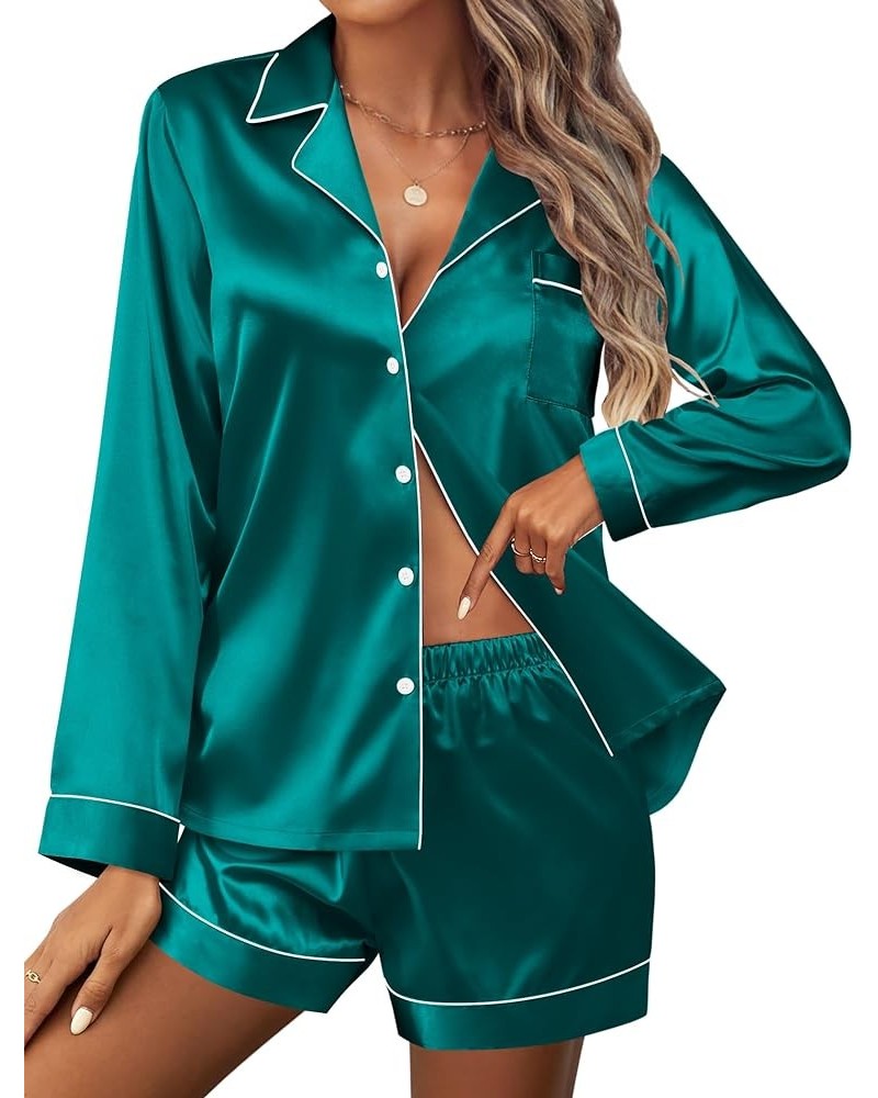 Silk Pajamas Womens Long Sleeve Sleepwear Soft Satin Button Down Loungewear 2 Piece Pjs Shorts Set S-XXL Blue Green $19.79 Li...