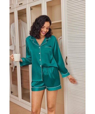 Silk Pajamas Womens Long Sleeve Sleepwear Soft Satin Button Down Loungewear 2 Piece Pjs Shorts Set S-XXL Blue Green $19.79 Li...