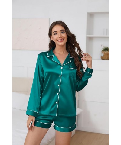 Silk Pajamas Womens Long Sleeve Sleepwear Soft Satin Button Down Loungewear 2 Piece Pjs Shorts Set S-XXL Blue Green $19.79 Li...