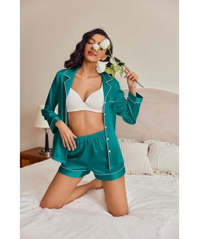 Silk Pajamas Womens Long Sleeve Sleepwear Soft Satin Button Down Loungewear 2 Piece Pjs Shorts Set S-XXL Blue Green $19.79 Li...