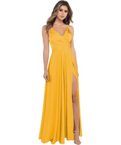 Women's V Neck Satin Bridesmaid Dresses with Slit Spaghetti Straps Formal Prom Gowns with Pockets MDPM96 Mustard Yellow $34.7...