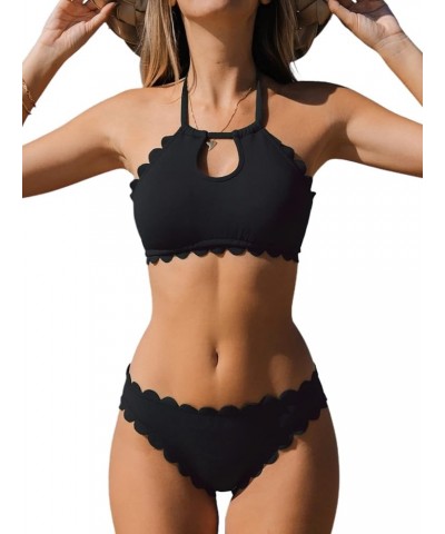 Women's Floral Mid Rise Halter Cutout Bikini Swimsuit Sets Black $15.40 Swimsuits