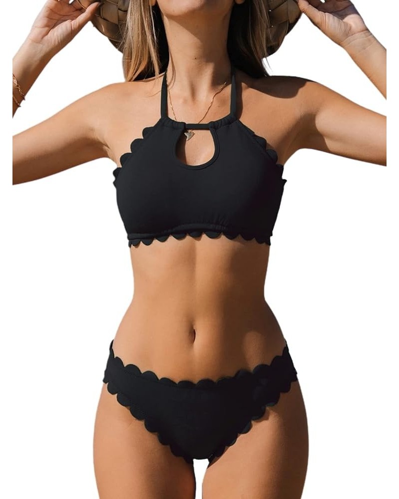 Women's Floral Mid Rise Halter Cutout Bikini Swimsuit Sets Black $15.40 Swimsuits