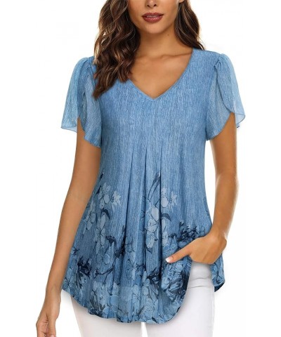 Womens Tops Short Sleeve Shirts Casual V Neck Blouse Double Layers Mesh Tunics Tops Multi Blue $21.65 Blouses