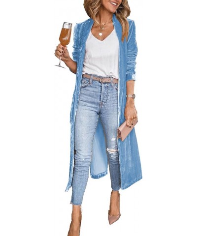 Women’s Long Velvet Cardigan Jacket Open Front Lapel Velvet Cardigan Outwear Blue $20.43 Sweaters