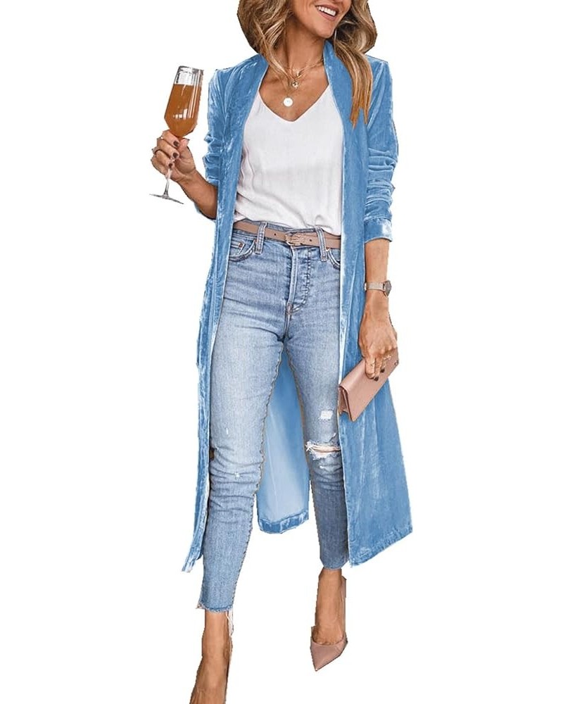 Women’s Long Velvet Cardigan Jacket Open Front Lapel Velvet Cardigan Outwear Blue $20.43 Sweaters