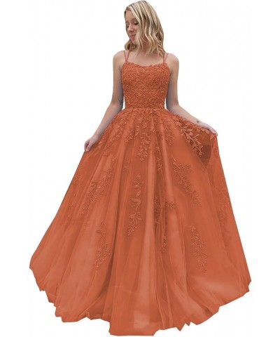 Lace Tulle Prom Dresses Long for Women Spaghetti Straps Ball Gowns A-Line Formal Party Evening Gowns with Train Burnt Orange ...