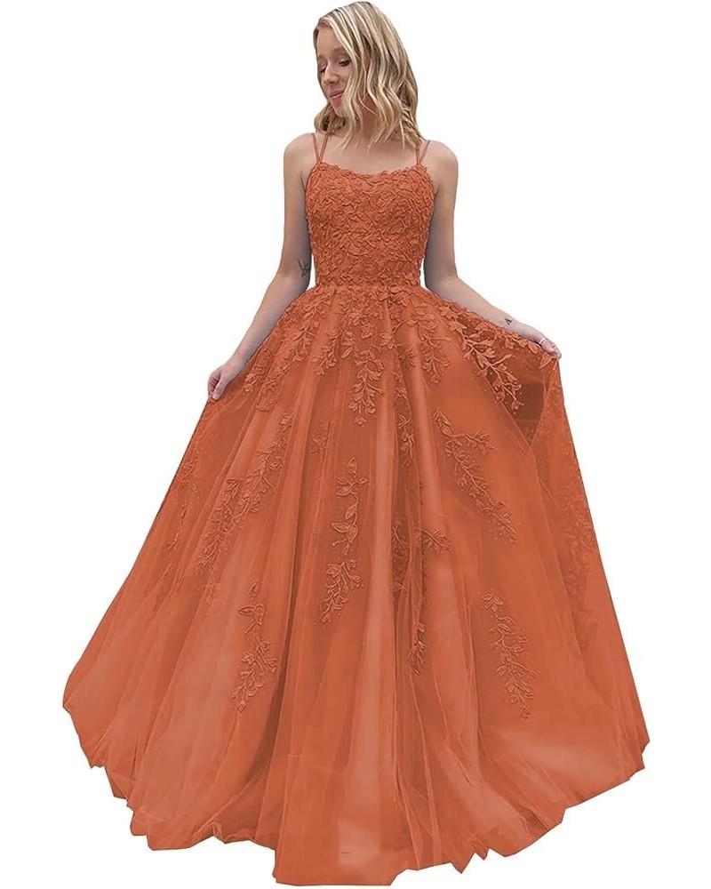 Lace Tulle Prom Dresses Long for Women Spaghetti Straps Ball Gowns A-Line Formal Party Evening Gowns with Train Burnt Orange ...