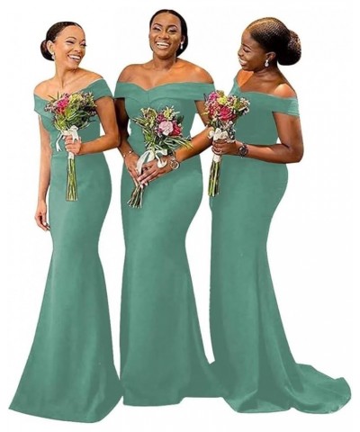 Women's Elegant Satin Bridesmaid Dress 2023 Long Mermaid Prom Dresses Off Shoulder Ball Gown with Train ABC1787 Dusty Turquoi...