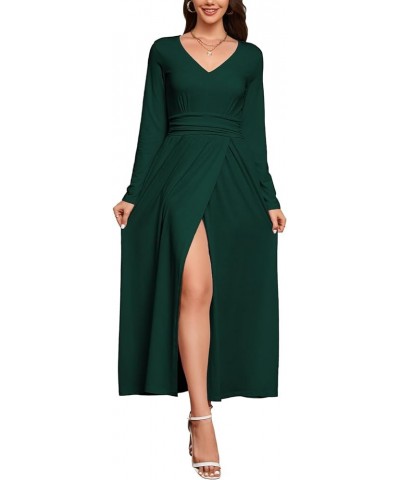 Women 2023 Fall Dresses Long Sleeve V Neck High Waist Slit Casual Long Wedding Guest Dress with Pockets Dark Green $13.49 Dre...