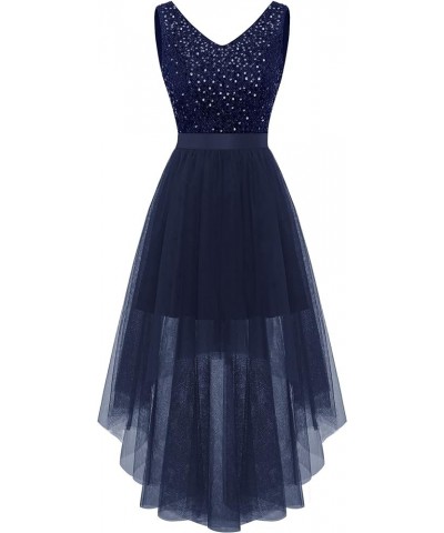 Women's Sparkly Sequin Glitter Dress 2024 Cocktail Prom Wedding Guest Dress Hi-Lo V Neck Tulle Formal Party Dress Navy $25.85...