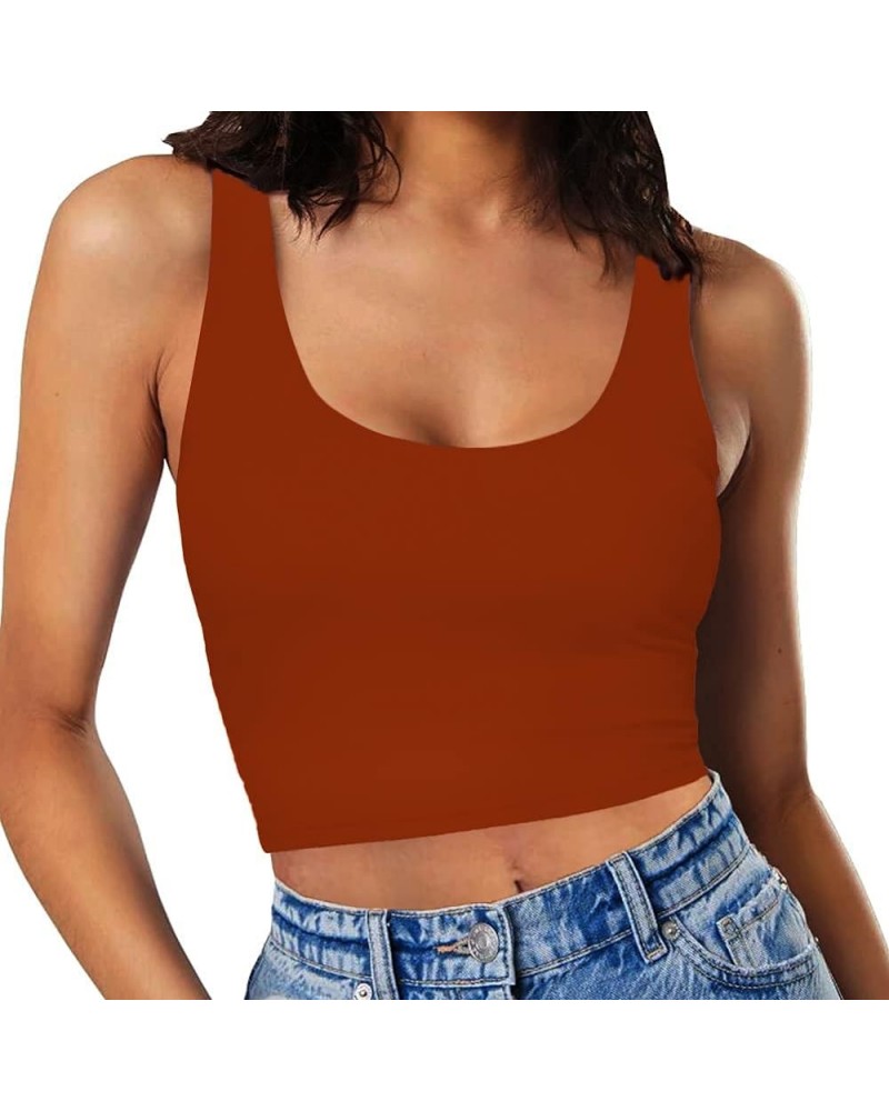 Women’s Sexy Sleeveless Crop Tops Double Layer Scoop Neck Cropped Tank Top Rusty Red $11.19 Tanks