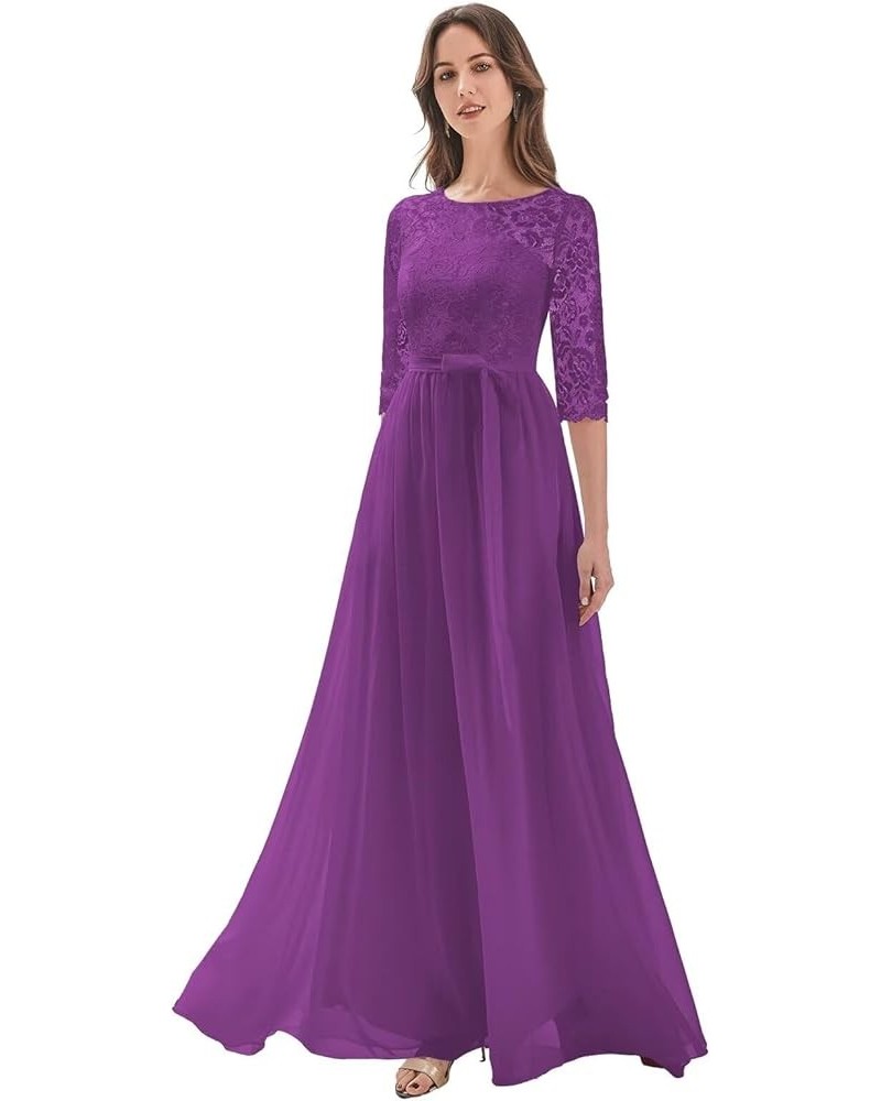 GORCENT Crew Neck Chiffon Mother of The Bride Dress A Line Lace Applique Wedding Guest Dress Ruched Long Formal Dress Purple ...