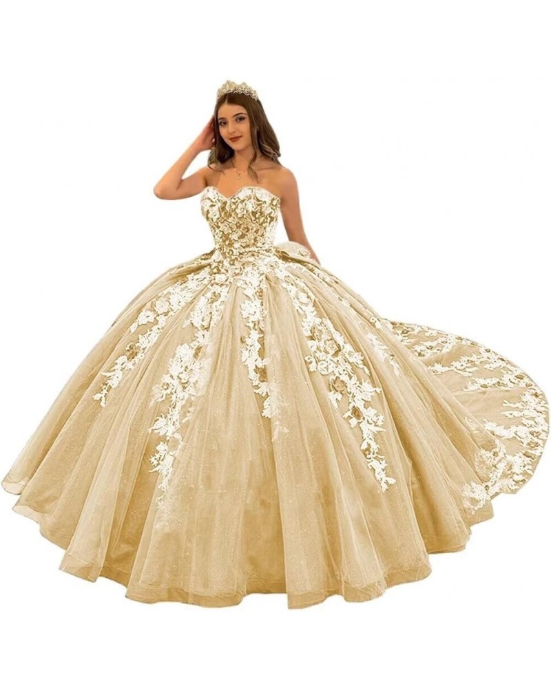 Gorgeous Strapless Beaded Quinceanera Dresses Ball Gown Puffy Lace Prom Dresses with Train Floral Sweet 15 16 Dresses Champag...