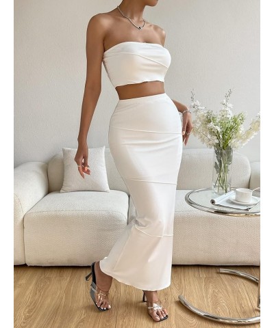 Women's 2 Piece Outfit Sleeveless Tube Top and Long Bodycon Maxi Skirt Sets White $17.04 Suits